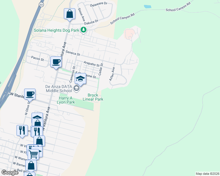 map of restaurants, bars, coffee shops, grocery stores, and more near 2277 Cayuse Lane in Ventura