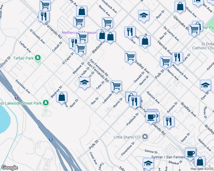map of restaurants, bars, coffee shops, grocery stores, and more near 12770 San Fernando Road in Los Angeles