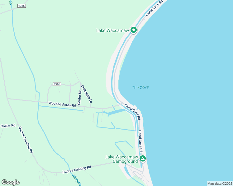 map of restaurants, bars, coffee shops, grocery stores, and more near 2310 Canal Cove Road in Lake Waccamaw