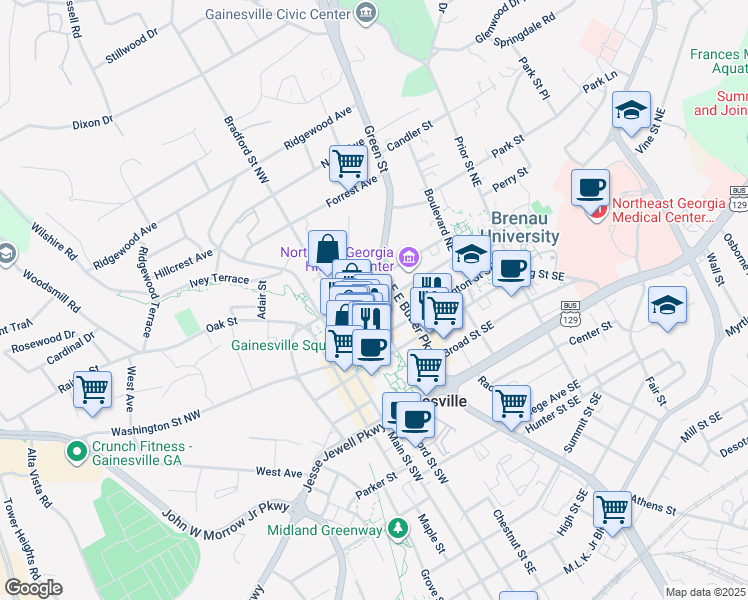 map of restaurants, bars, coffee shops, grocery stores, and more near 204 Green Street Northeast in Gainesville
