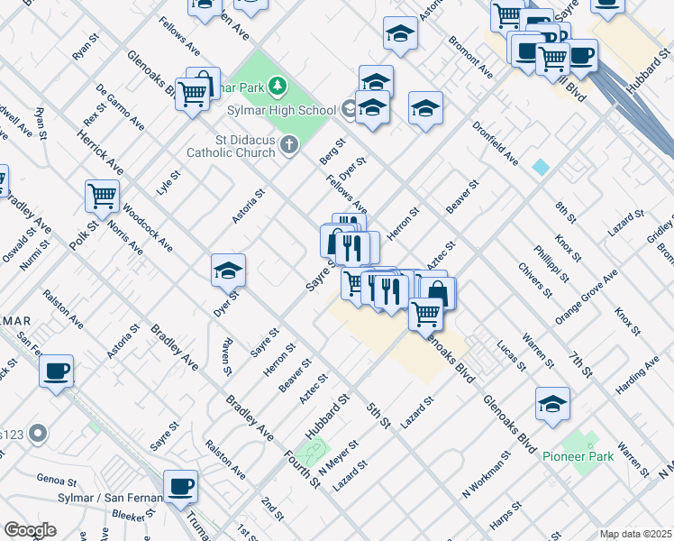 map of restaurants, bars, coffee shops, grocery stores, and more near 30 Sayre Street in Los Angeles