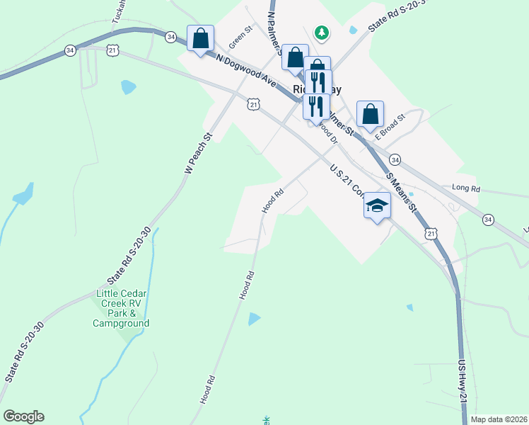 map of restaurants, bars, coffee shops, grocery stores, and more near 2153 Hood Road in Ridgeway