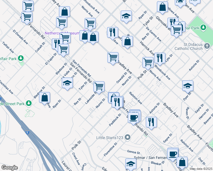 map of restaurants, bars, coffee shops, grocery stores, and more near 12744 San Fernando Road in Los Angeles