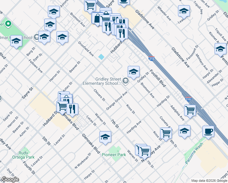 map of restaurants, bars, coffee shops, grocery stores, and more near 1933 Knox Street in San Fernando
