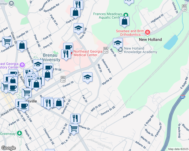 map of restaurants, bars, coffee shops, grocery stores, and more near 1030 Summit Street Southeast in Gainesville