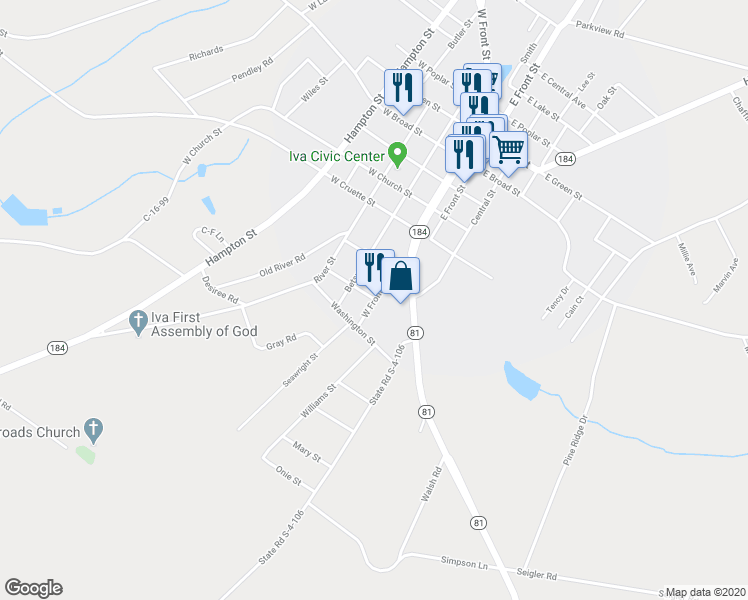 map of restaurants, bars, coffee shops, grocery stores, and more near 110 West Front Street in Iva