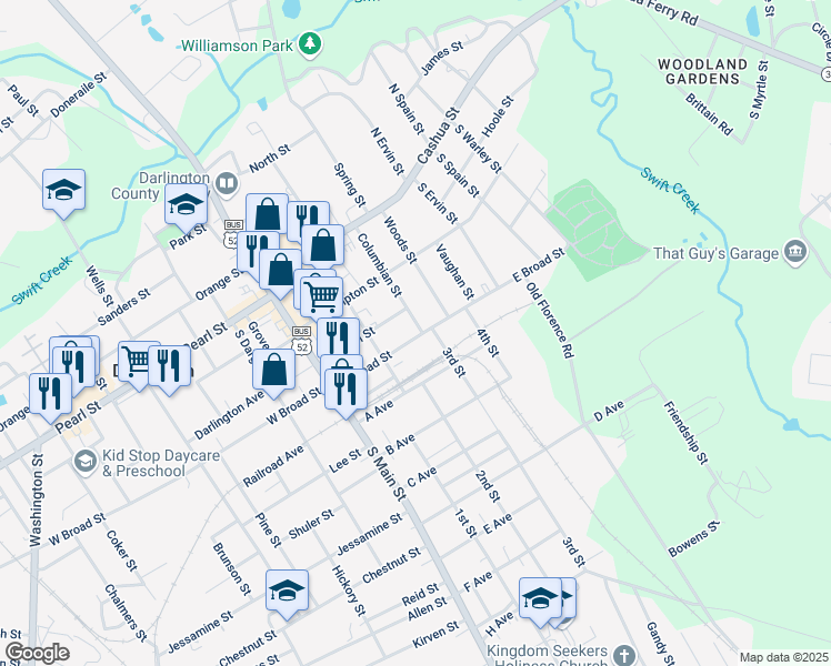 map of restaurants, bars, coffee shops, grocery stores, and more near 245 Columbian Street in Darlington