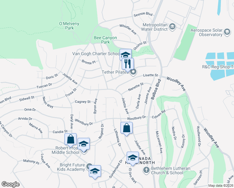 map of restaurants, bars, coffee shops, grocery stores, and more near 12749 Jolette Avenue in Los Angeles