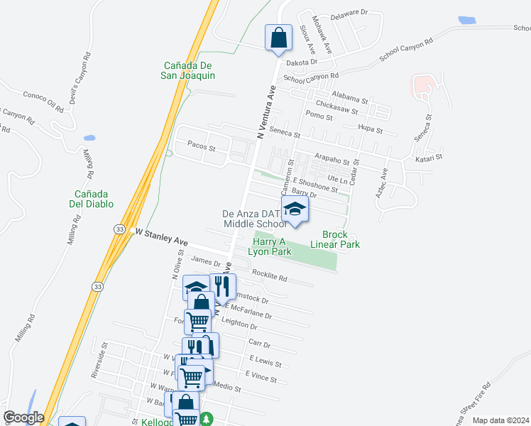 map of restaurants, bars, coffee shops, grocery stores, and more near 133 Cameron Court in Ventura