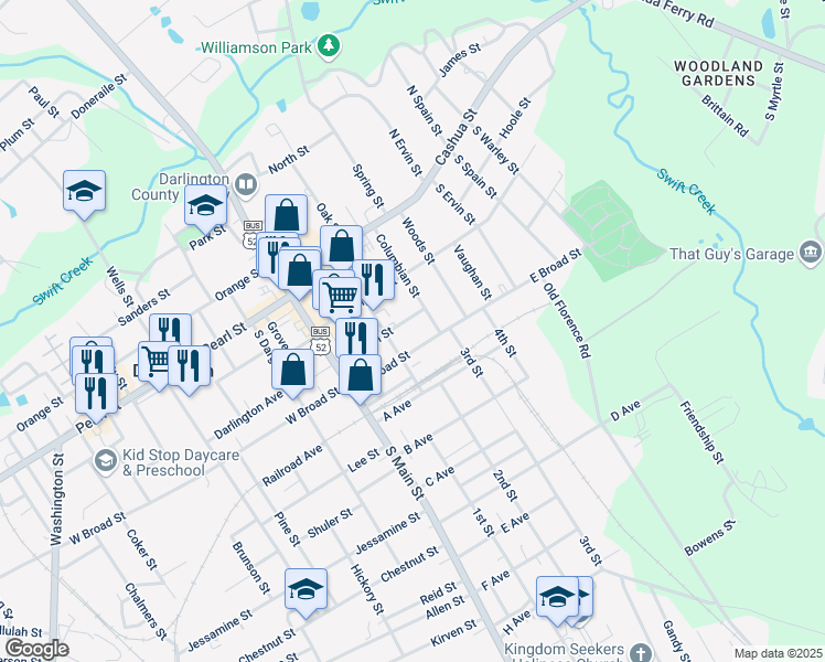 map of restaurants, bars, coffee shops, grocery stores, and more near 245-255 Columbian Street in Darlington