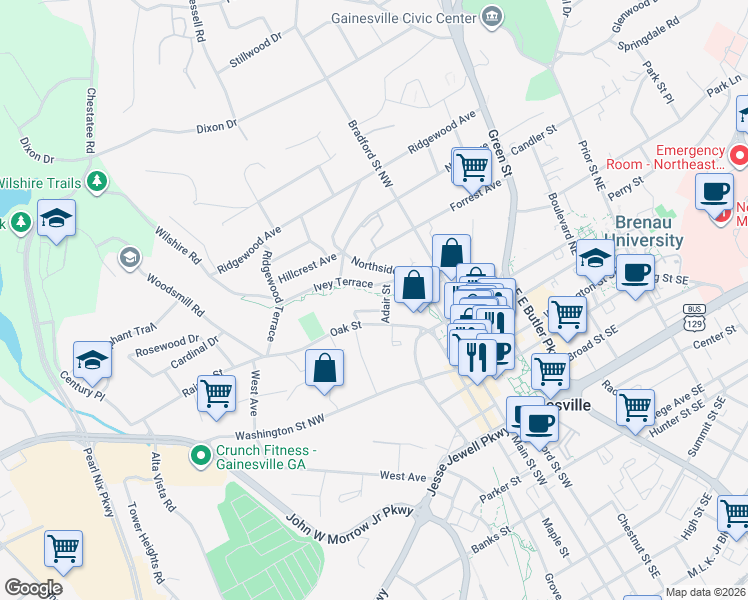 map of restaurants, bars, coffee shops, grocery stores, and more near 550 Ivey Terrace in Gainesville