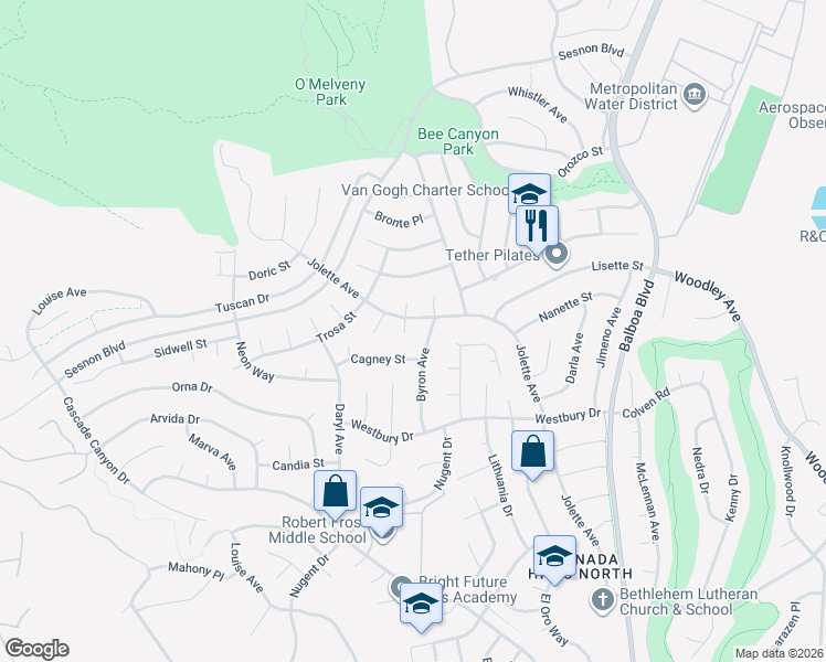 map of restaurants, bars, coffee shops, grocery stores, and more near 12716 Goethe Place in Los Angeles