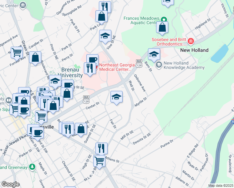 map of restaurants, bars, coffee shops, grocery stores, and more near 1030 Summit Street Southeast in Gainesville