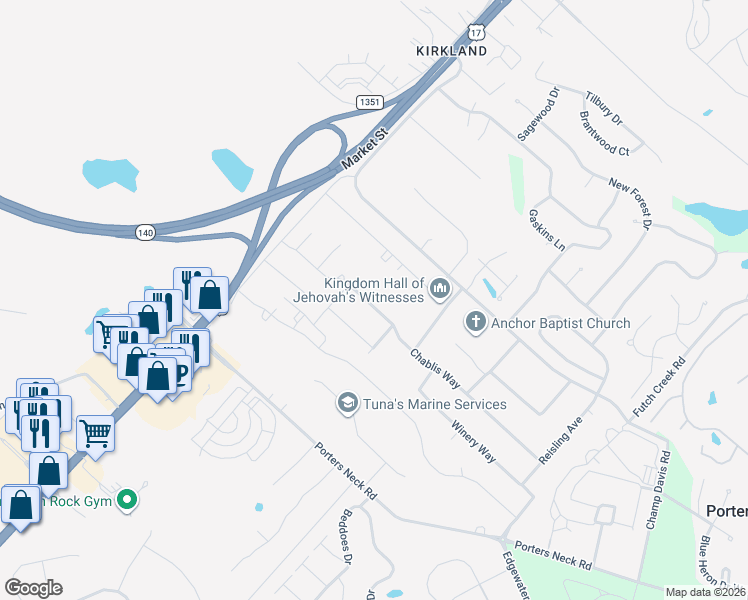 map of restaurants, bars, coffee shops, grocery stores, and more near 429 Chablis Way in Wilmington