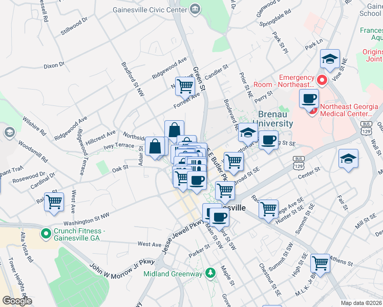 map of restaurants, bars, coffee shops, grocery stores, and more near 123 Academy Street Northwest in Gainesville