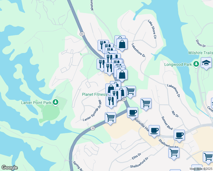 map of restaurants, bars, coffee shops, grocery stores, and more near 1664 Beechwood Boulevard Northwest in Gainesville