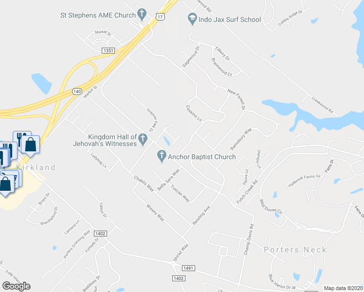 map of restaurants, bars, coffee shops, grocery stores, and more near 8617 Plantation Landing Drive in Wilmington