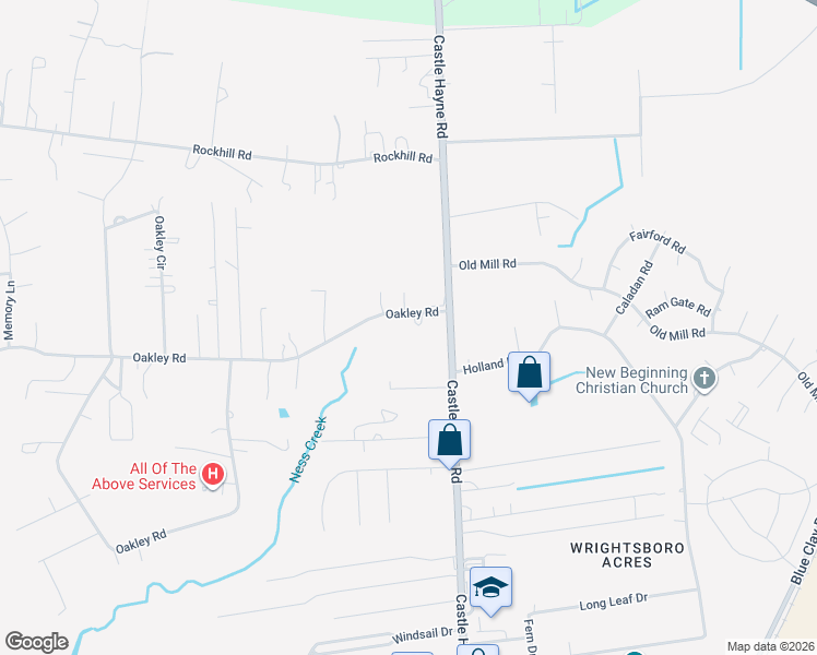 map of restaurants, bars, coffee shops, grocery stores, and more near 2614 Oakley Road in Castle Hayne