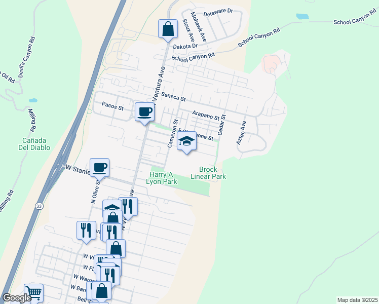 map of restaurants, bars, coffee shops, grocery stores, and more near 264 Franklin Lane in Ventura