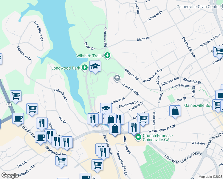 map of restaurants, bars, coffee shops, grocery stores, and more near 715 Woodsmill Road in Gainesville
