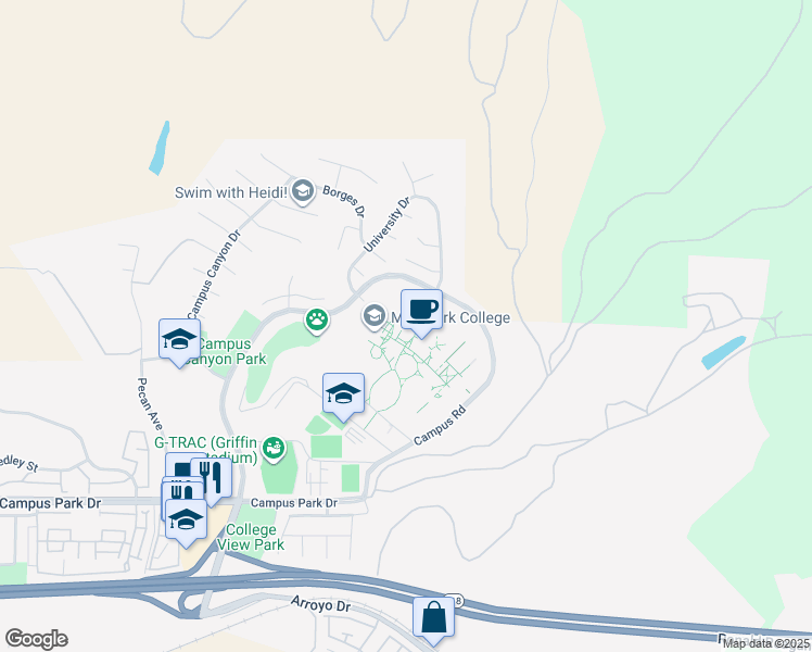 map of restaurants, bars, coffee shops, grocery stores, and more near 7075 Campus Road in Moorpark