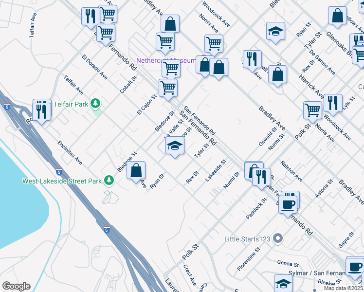 map of restaurants, bars, coffee shops, grocery stores, and more near 12744 El Dorado Avenue in Los Angeles