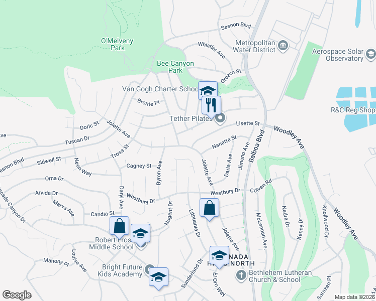 map of restaurants, bars, coffee shops, grocery stores, and more near 12749 Jolette Avenue in Los Angeles