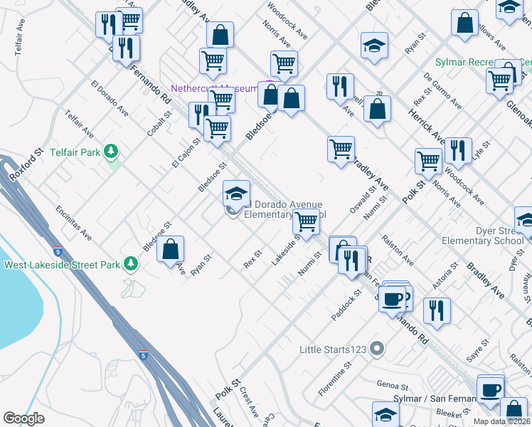 map of restaurants, bars, coffee shops, grocery stores, and more near 15171 Tyler Street in Los Angeles