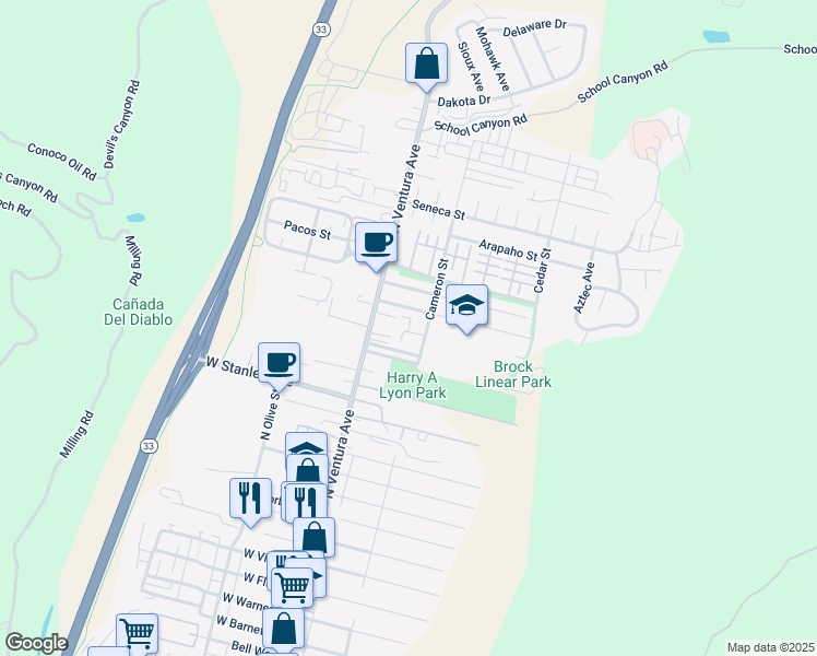 map of restaurants, bars, coffee shops, grocery stores, and more near 133 Cameron Court in Ventura