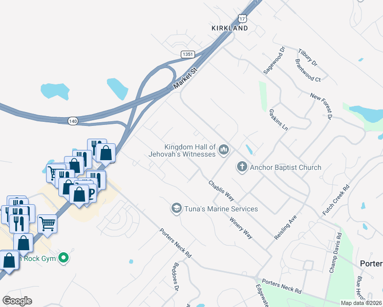 map of restaurants, bars, coffee shops, grocery stores, and more near 429 Chablis Way in Wilmington