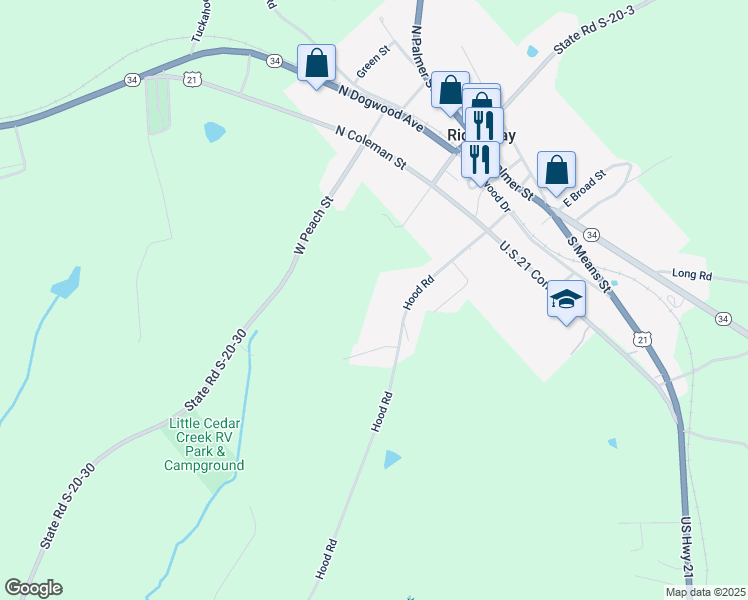 map of restaurants, bars, coffee shops, grocery stores, and more near 213 Tanglewood Court in Ridgeway