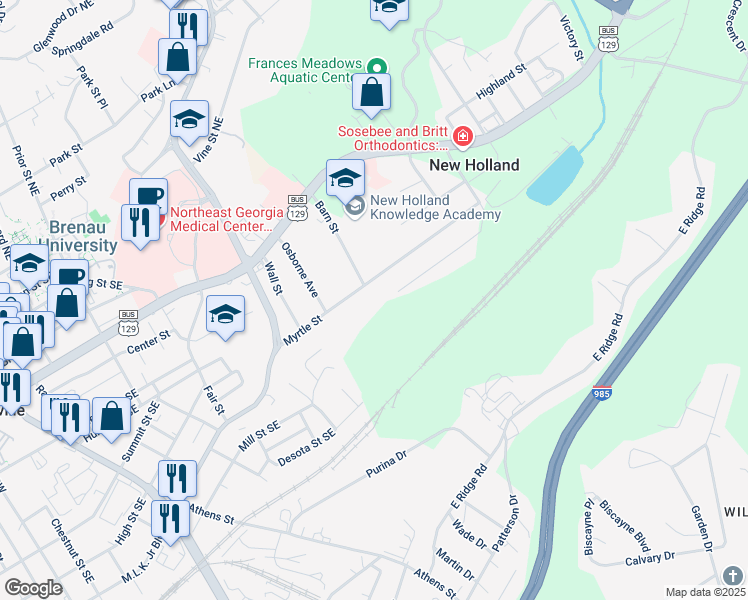 map of restaurants, bars, coffee shops, grocery stores, and more near 81 Barn Street in Gainesville