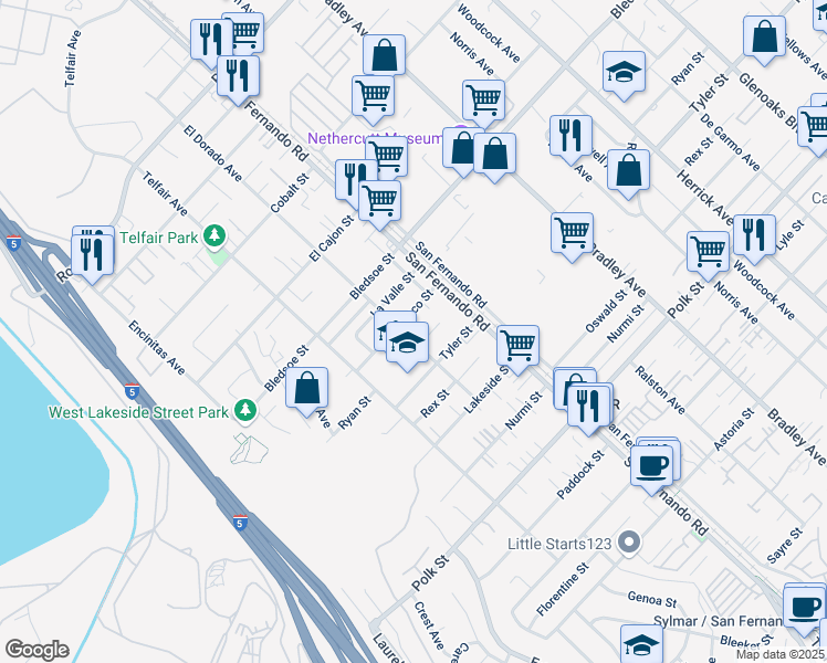 map of restaurants, bars, coffee shops, grocery stores, and more near 12744 El Dorado Avenue in Los Angeles