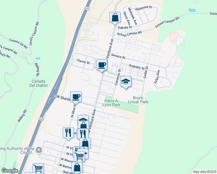 map of restaurants, bars, coffee shops, grocery stores, and more near 133 Cameron Court in Ventura