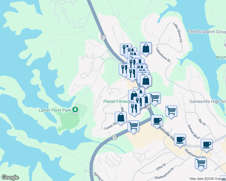 map of restaurants, bars, coffee shops, grocery stores, and more near 1360 Otila Drive in Gainesville