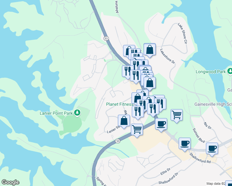 map of restaurants, bars, coffee shops, grocery stores, and more near 1360 Otila Drive in Gainesville