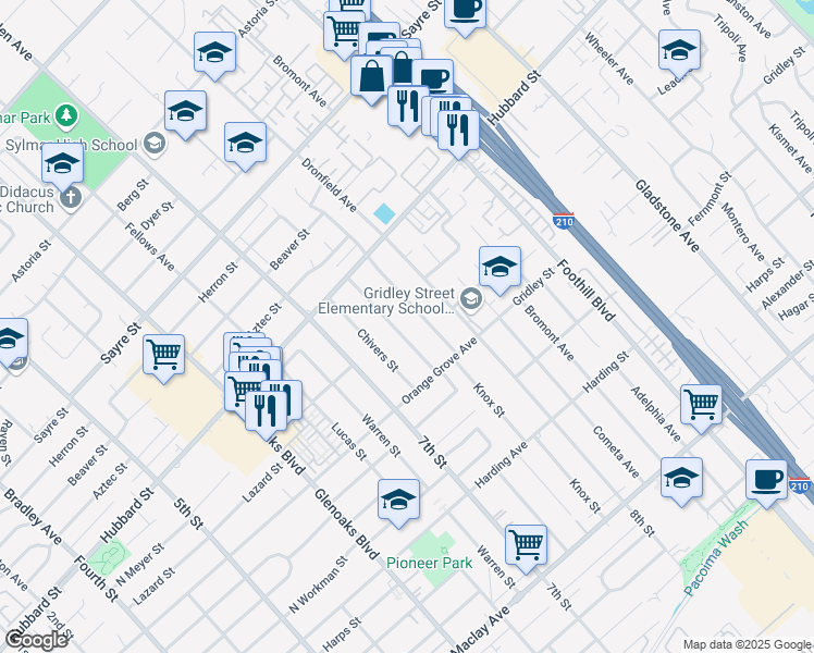 map of restaurants, bars, coffee shops, grocery stores, and more near in San Fernando