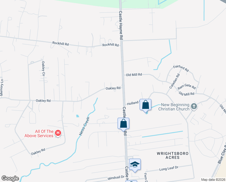 map of restaurants, bars, coffee shops, grocery stores, and more near 2614 Oakley Road in Castle Hayne