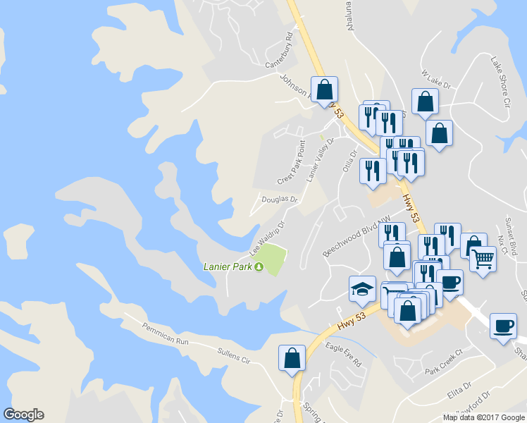 map of restaurants, bars, coffee shops, grocery stores, and more near 1435 Douglas Drive in Gainesville