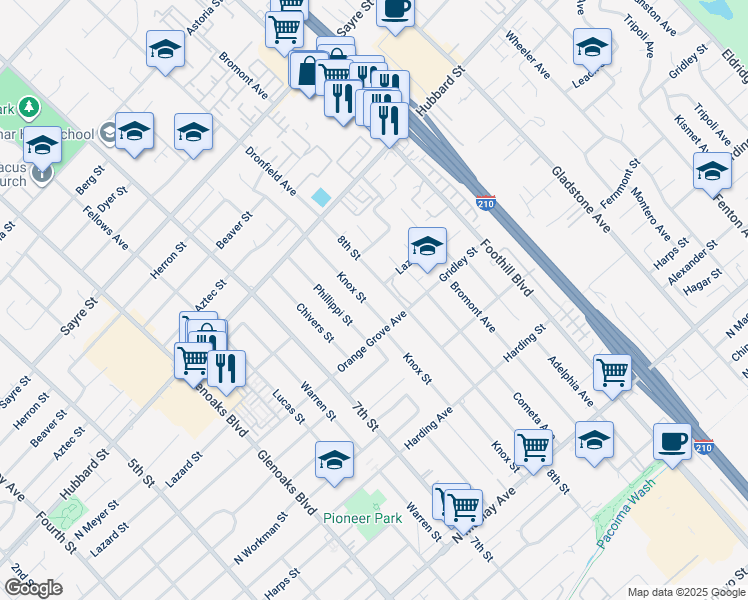 map of restaurants, bars, coffee shops, grocery stores, and more near 1933 Knox Street in San Fernando