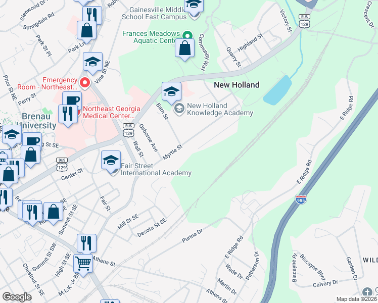 map of restaurants, bars, coffee shops, grocery stores, and more near 1326 Myrtle Street in Gainesville