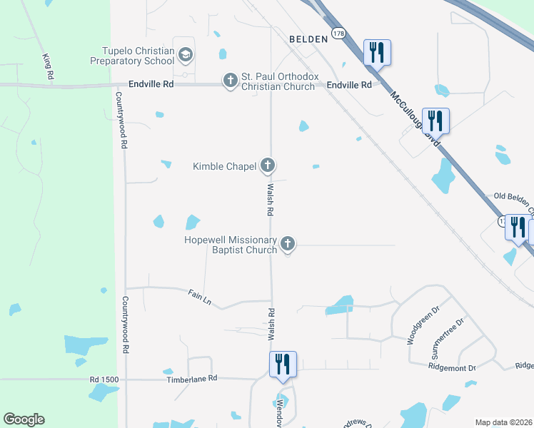 map of restaurants, bars, coffee shops, grocery stores, and more near 2997-3267 Walsh Road in Tupelo