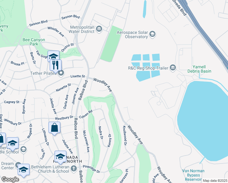map of restaurants, bars, coffee shops, grocery stores, and more near 12666 Woodley Avenue in Los Angeles