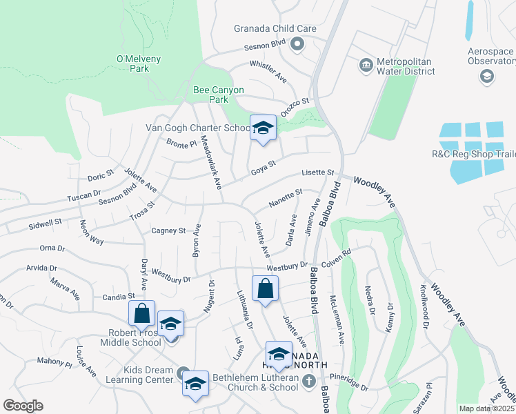 map of restaurants, bars, coffee shops, grocery stores, and more near 17151 Nanette Street in Los Angeles