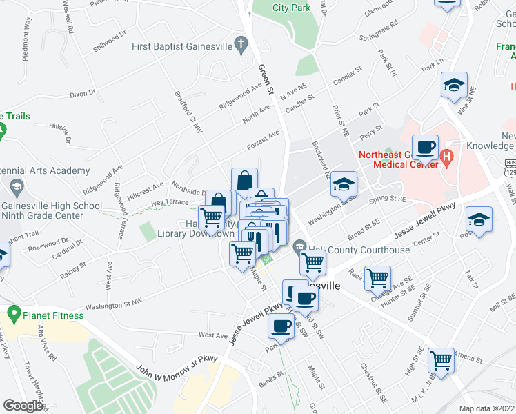 map of restaurants, bars, coffee shops, grocery stores, and more near 123 Academy Street Northwest in Gainesville