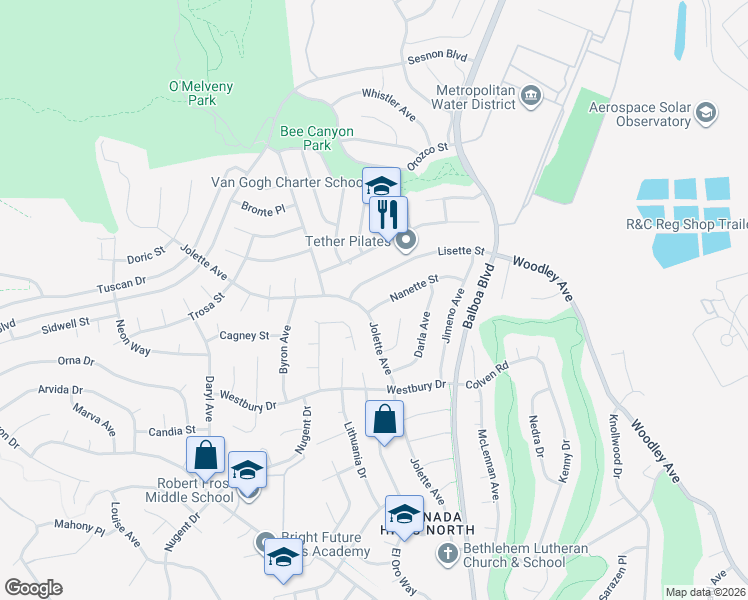 map of restaurants, bars, coffee shops, grocery stores, and more near 17151 Nanette Street in Los Angeles