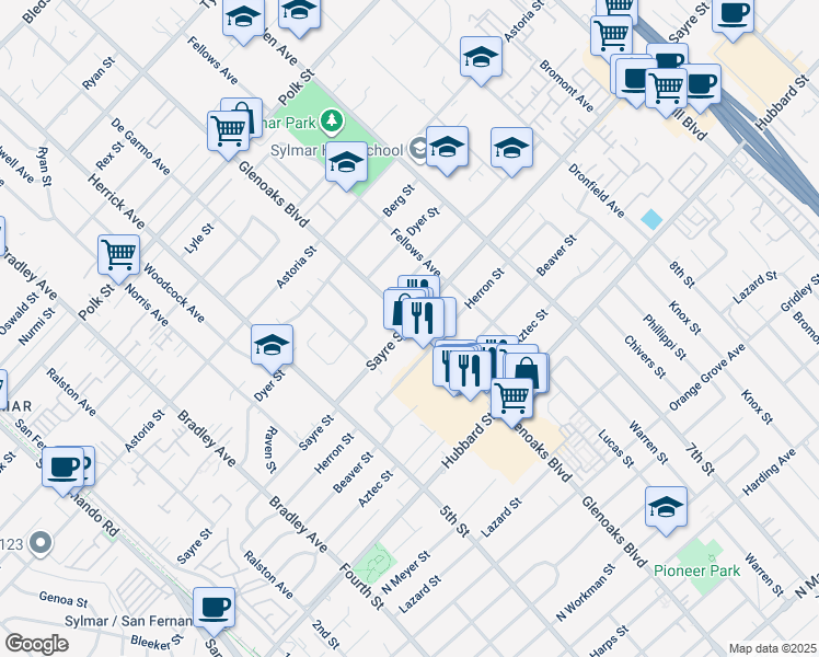 map of restaurants, bars, coffee shops, grocery stores, and more near 30 Sayre Street in Los Angeles