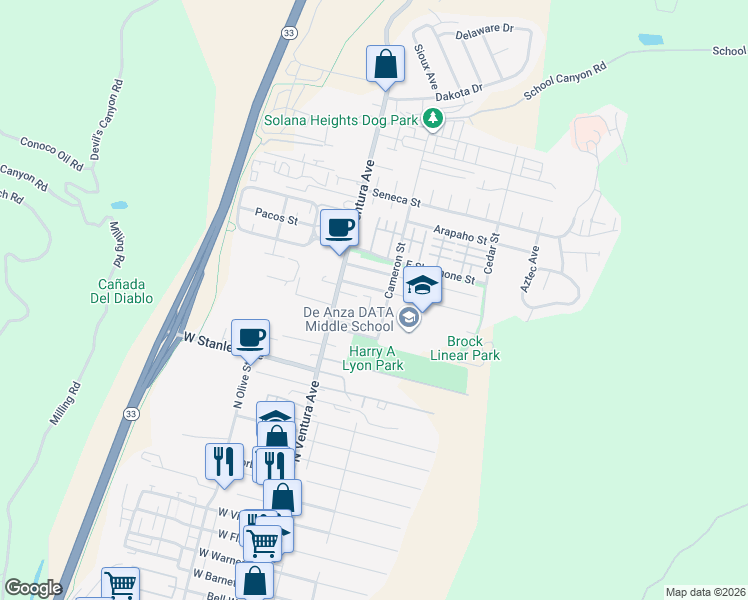 map of restaurants, bars, coffee shops, grocery stores, and more near 133 Cameron Court in Ventura