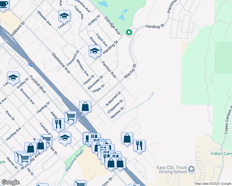 map of restaurants, bars, coffee shops, grocery stores, and more near 12913 North Macneil Street in Los Angeles