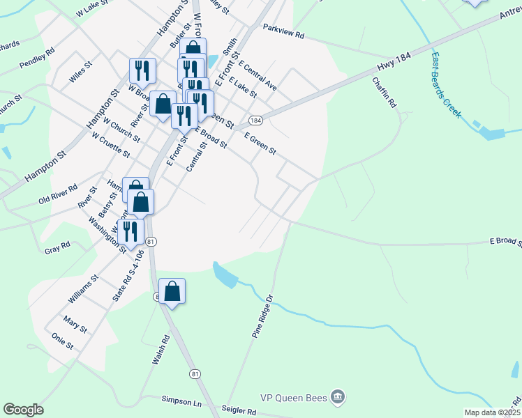 map of restaurants, bars, coffee shops, grocery stores, and more near 418 East Broad Street in Iva